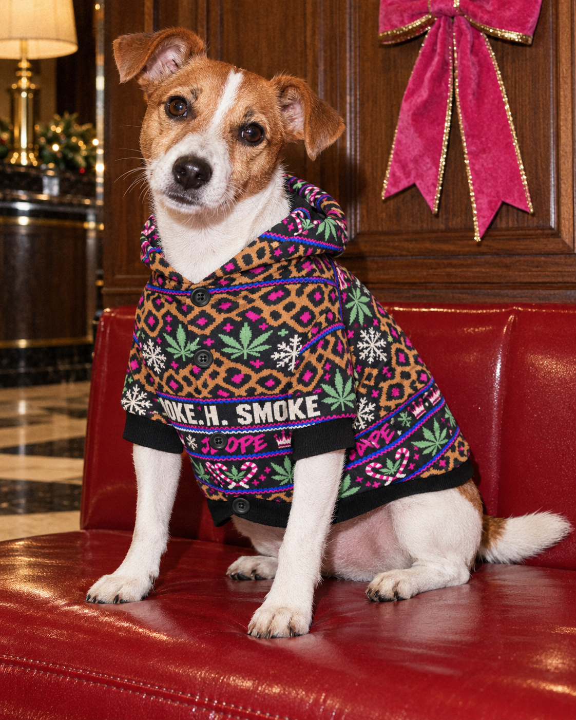 Sleigh. Smoke. Repeat Dog Hoodie L variant in a retro holiday hotel editorial