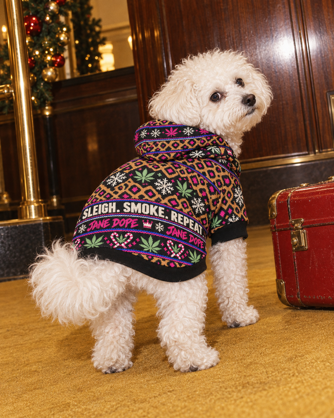 Sleigh. Smoke. Repeat Dog Hoodie M variant in a retro holiday hotel editorial