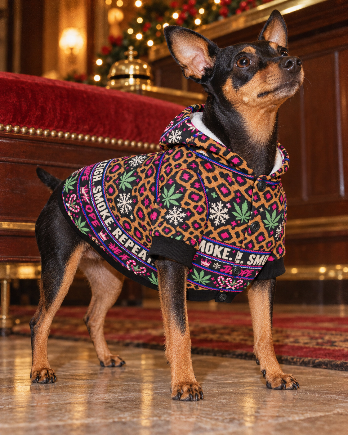 Sleigh. Smoke. Repeat Dog Hoodie S variant in a retro holiday hotel editorial