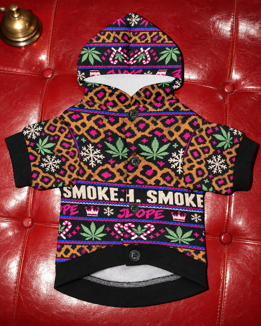 Sleigh. Smoke. Repeat Dog Hoodie front with leopard print and four black buttons