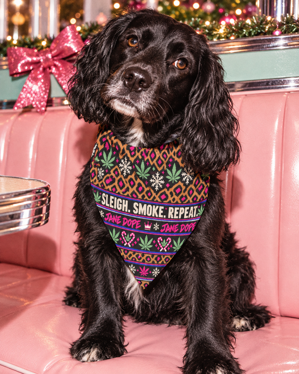 Sleigh. Smoke. Repeat Dog Scarf tied on a black spaniel in a holiday diner close-up