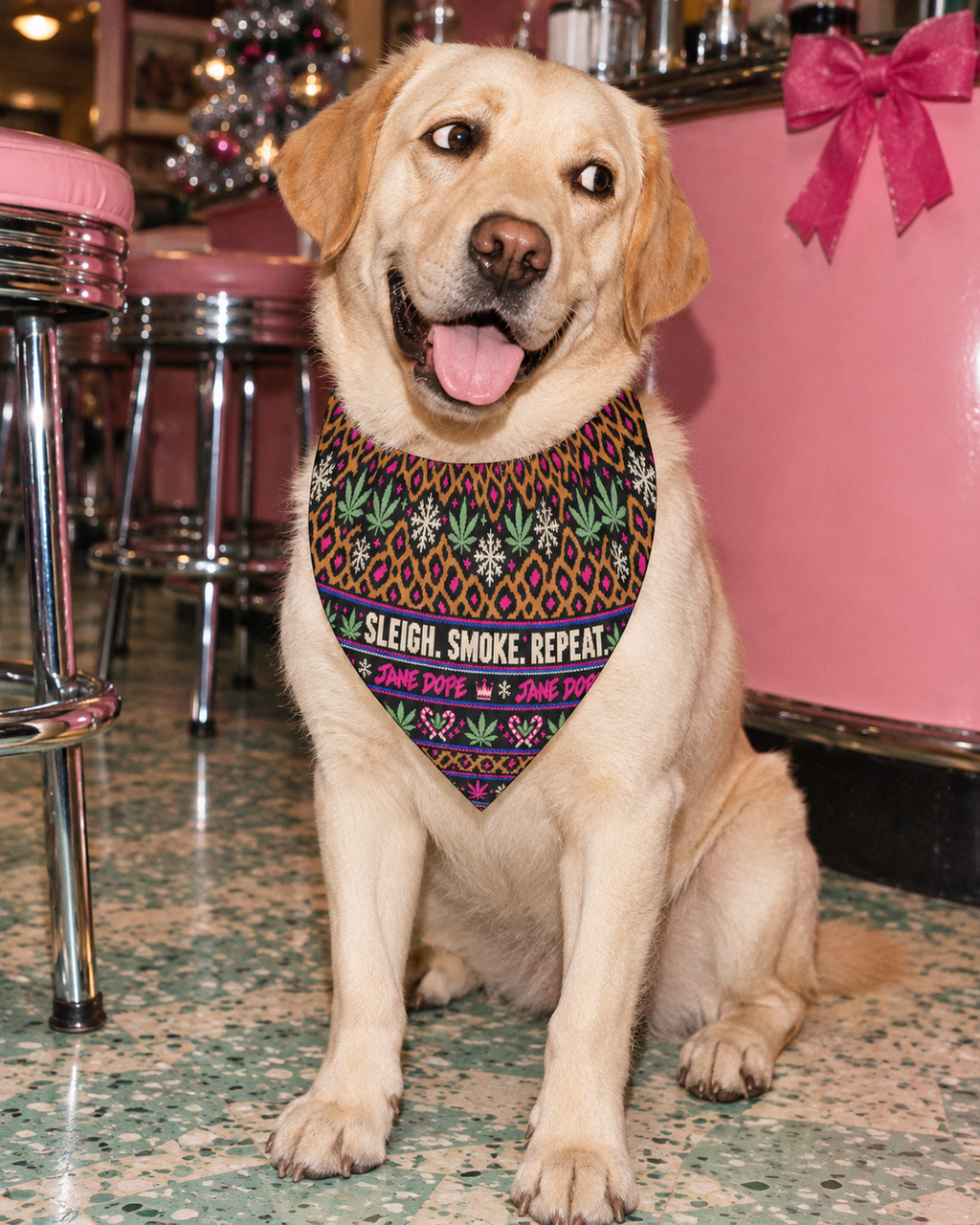 Sleigh. Smoke. Repeat Dog Scarf on a cream retriever in a retro holiday diner