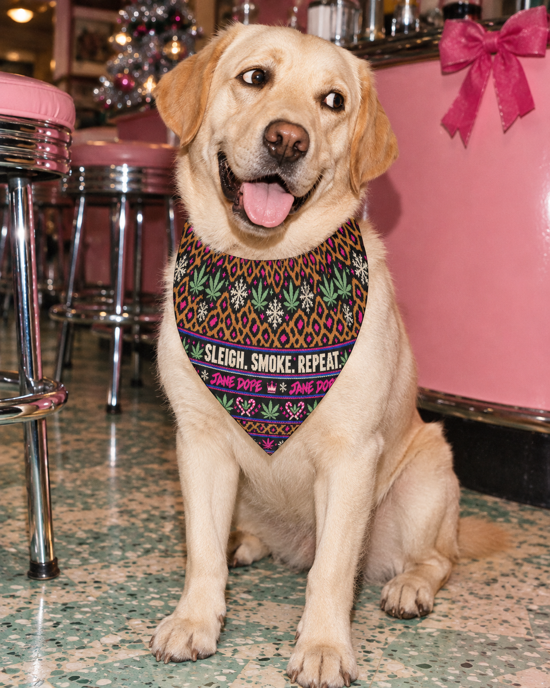 Sleigh. Smoke. Repeat Dog Scarf on a cream retriever in a retro holiday diner