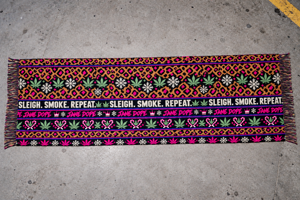 Full 200 × 70 cm Sleigh. Smoke. Repeat Large Scarf with lengthwise leopard, Herb, snowflake and candy-cane bands and fringed ends.