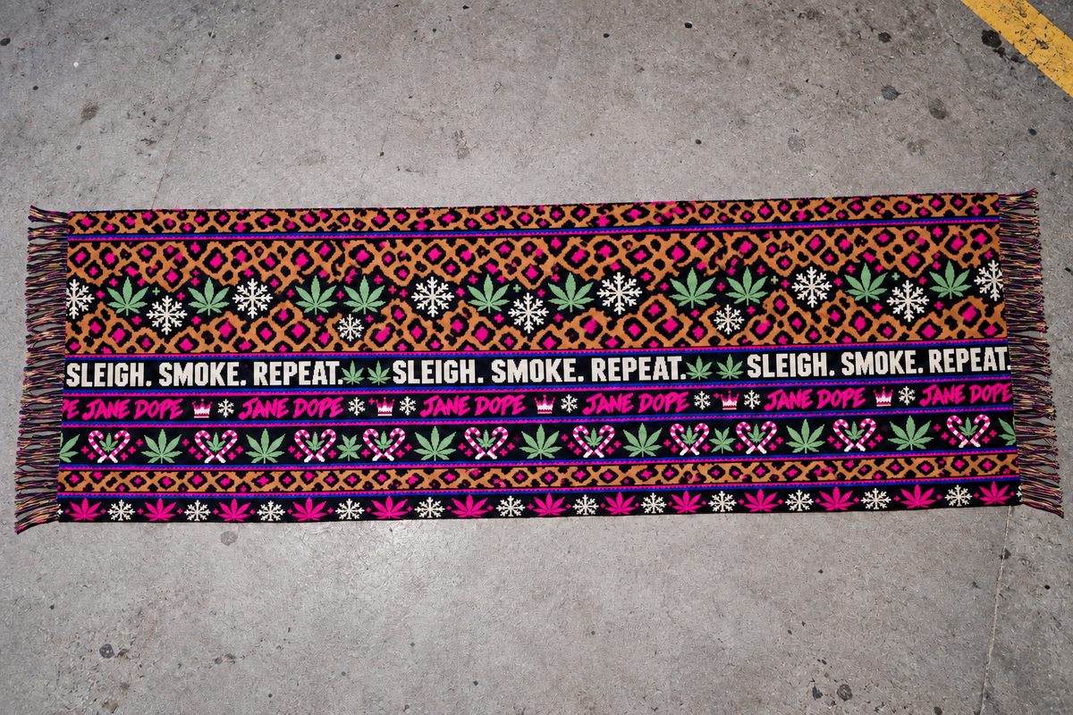 Full 200 × 70 cm Sleigh. Smoke. Repeat Large Scarf with lengthwise leopard, Herb, snowflake and candy-cane bands and fringed ends.