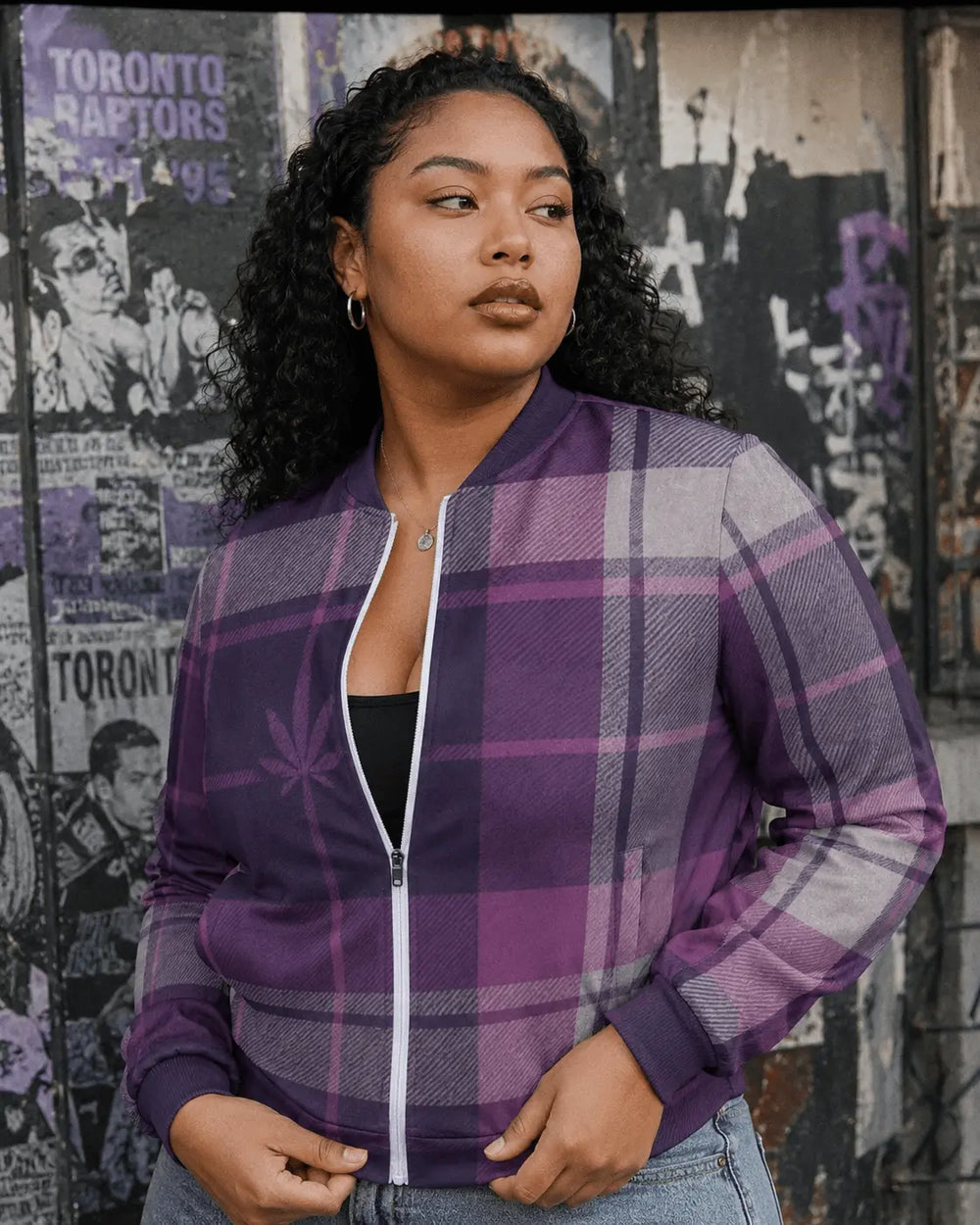 Blouson aviateur zippé en tartan violet fumé