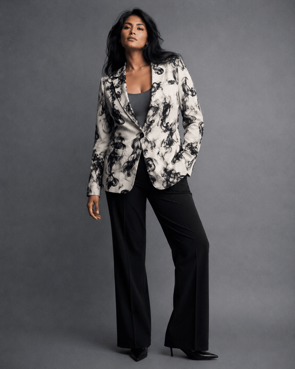 Smokey print cotton blazer, lifestyle editorial shot on model