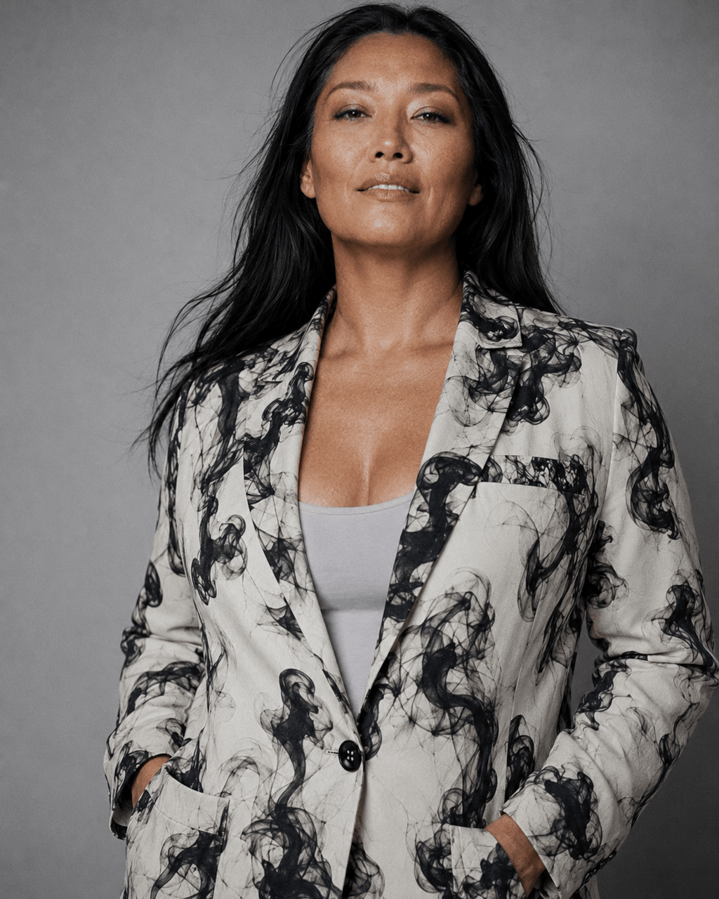 Smokey print cotton blazer, lapel and button detail close-up