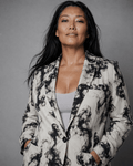 Smokey print cotton blazer, lapel and button detail close-up
