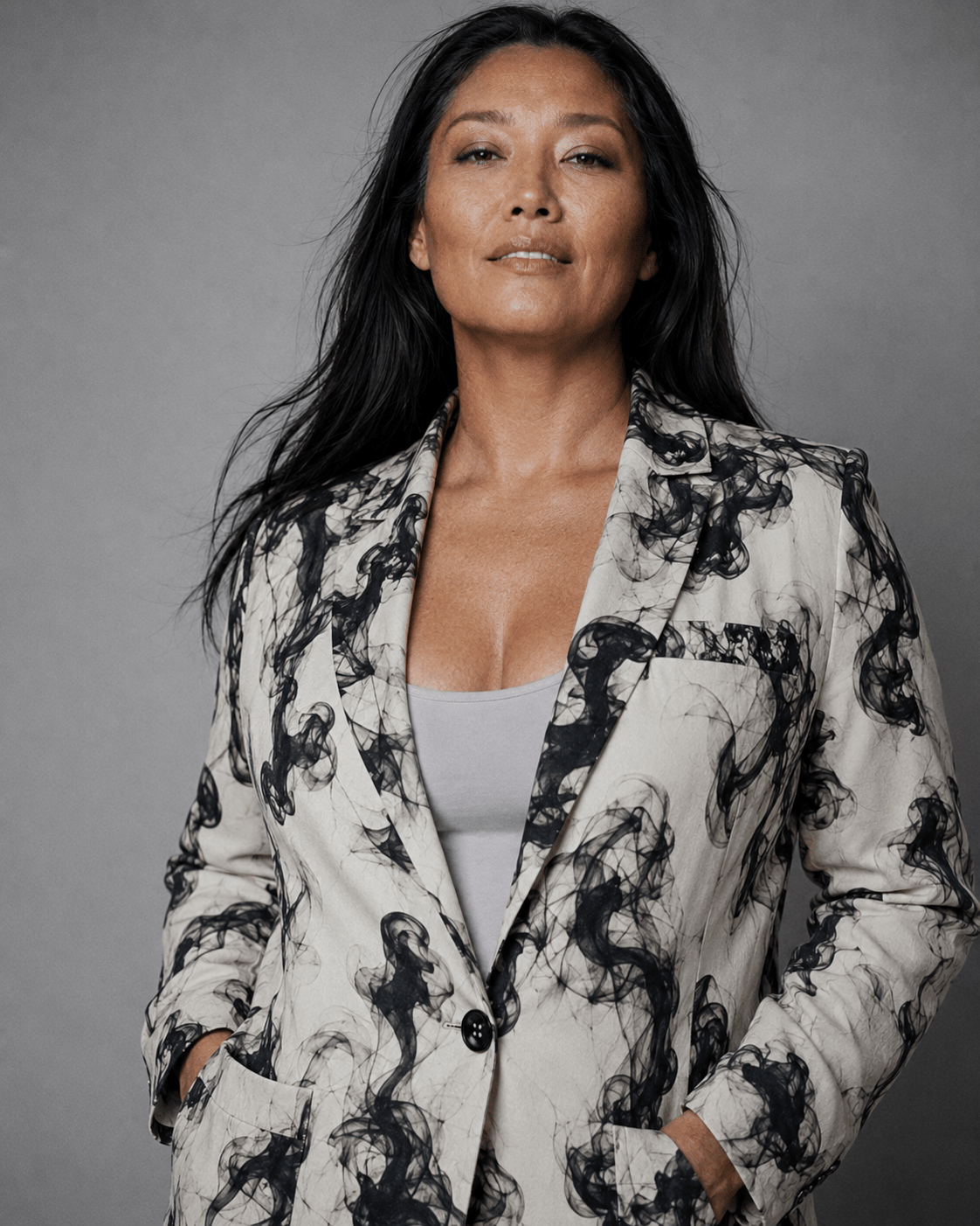 Smokey print cotton blazer, lapel and button detail close-up