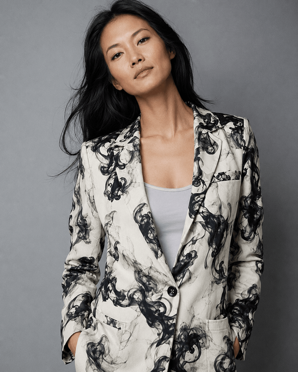 Smokey print cotton blazer, full length view on model outdoors