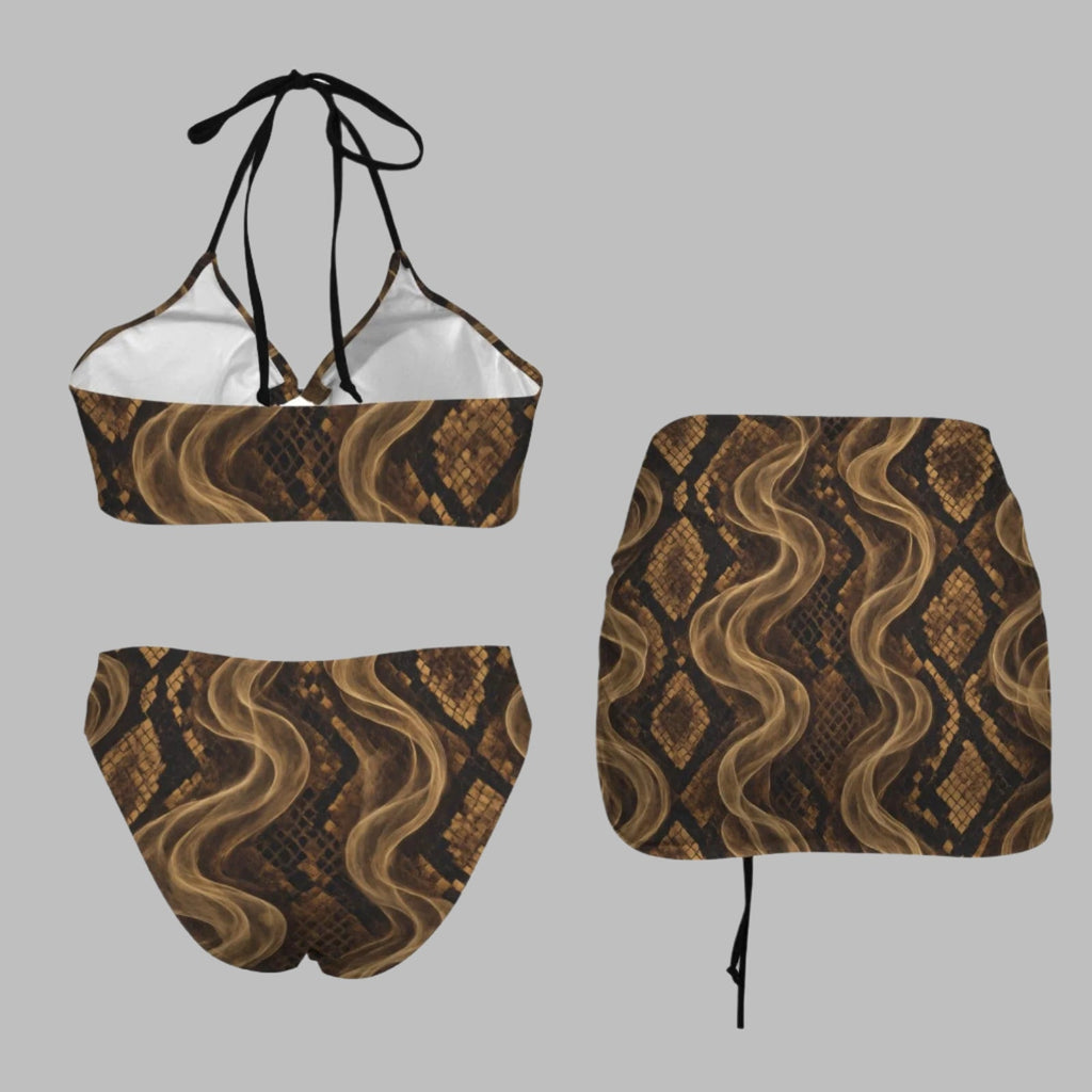Snake skin print bikini and skirt set, flat lay showing all three pieces