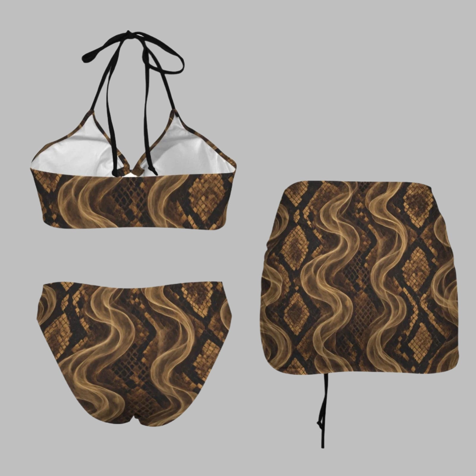 Snake skin print bikini and skirt set, flat lay showing all three pieces