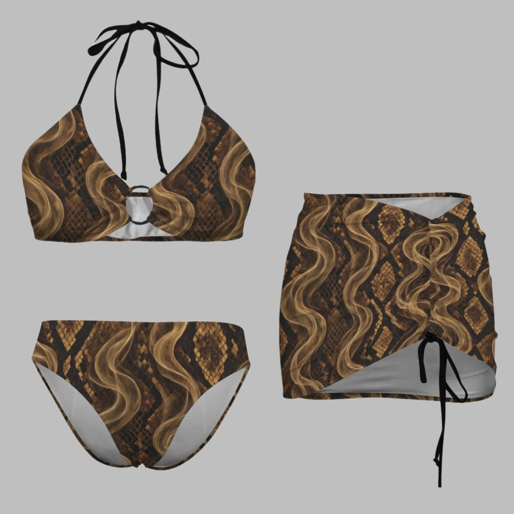 Snake skin print bikini and skirt set, back view showing ties and skirt