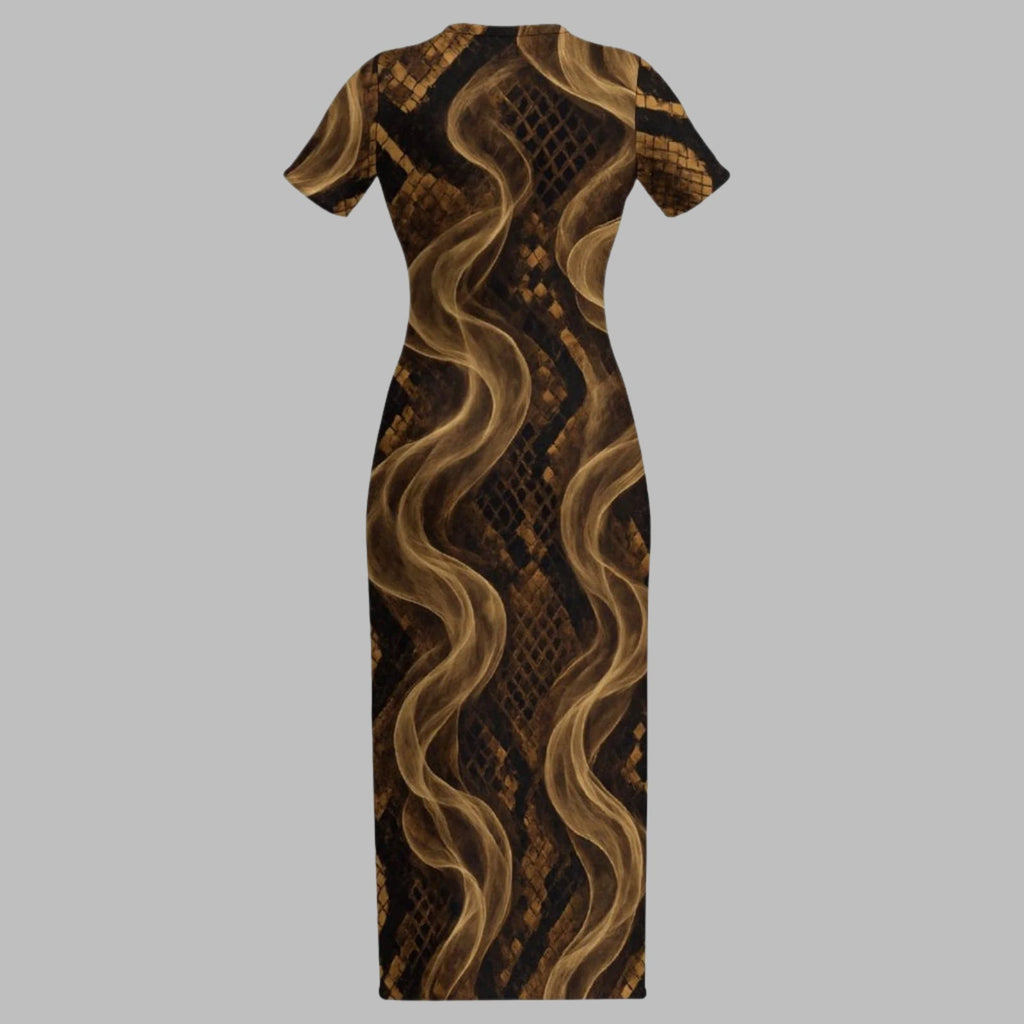 Snake skin print bodycon maxi dress, hem detail close-up
