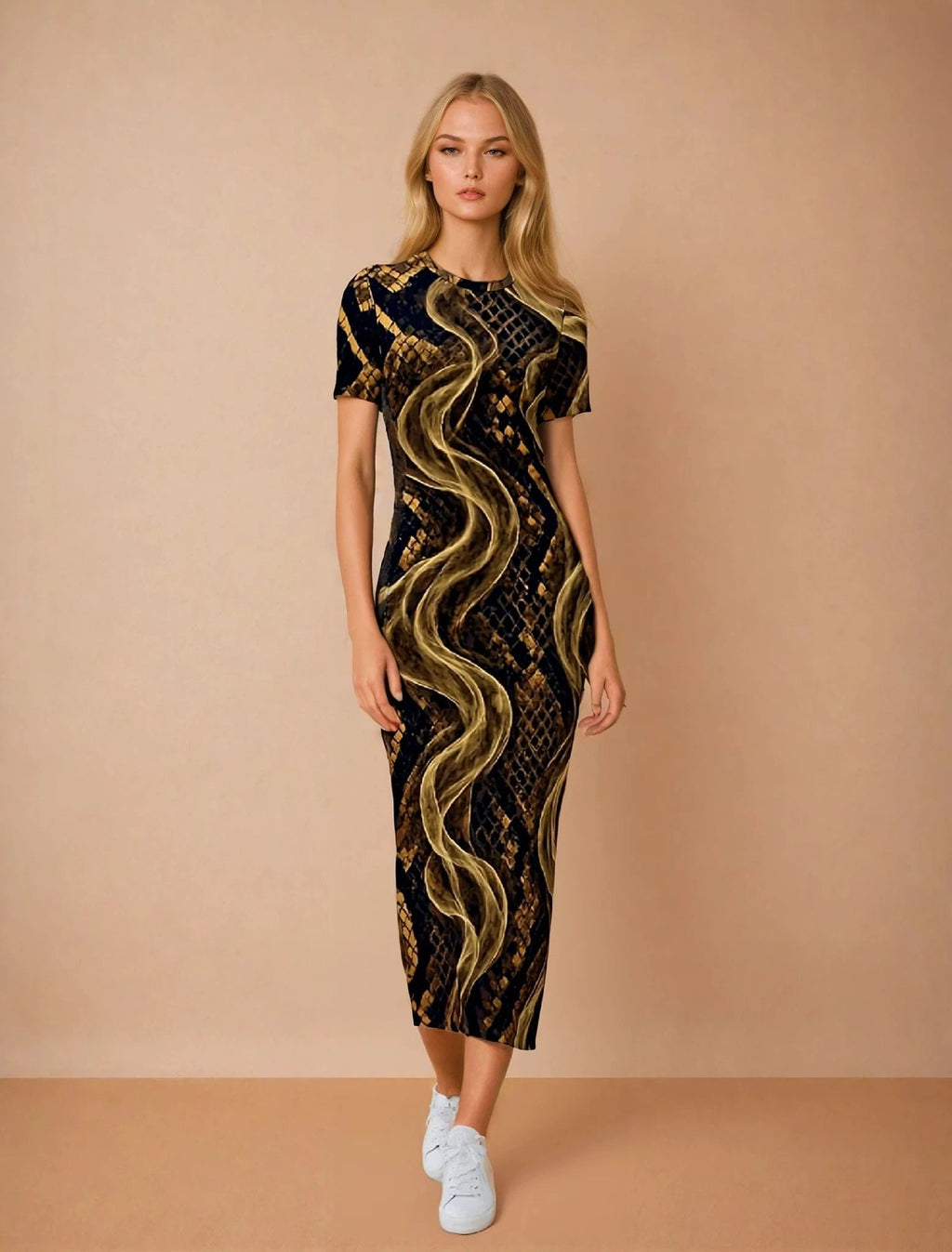 Snake skin print bodycon maxi dress, back view