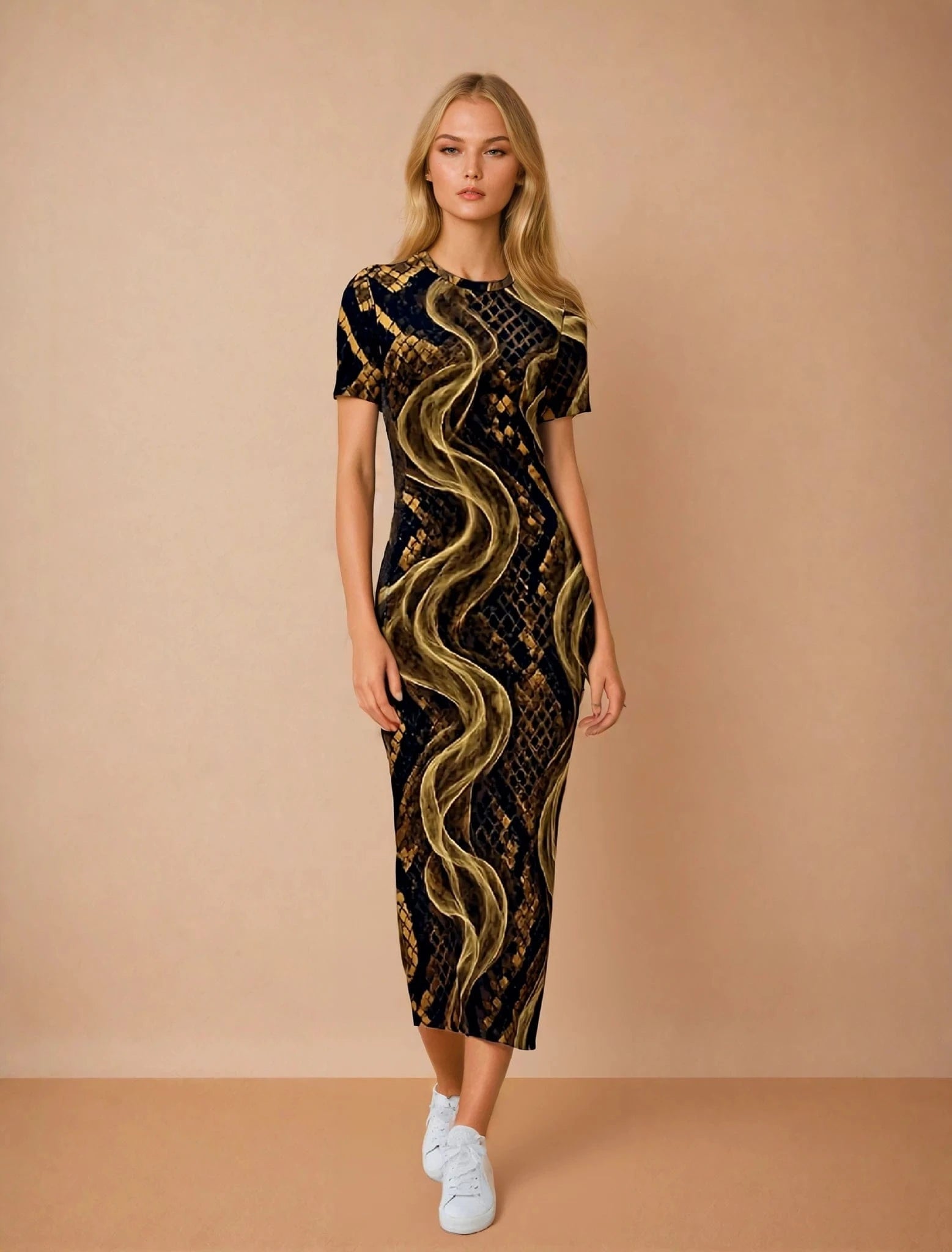 Snake skin print bodycon maxi dress, back view