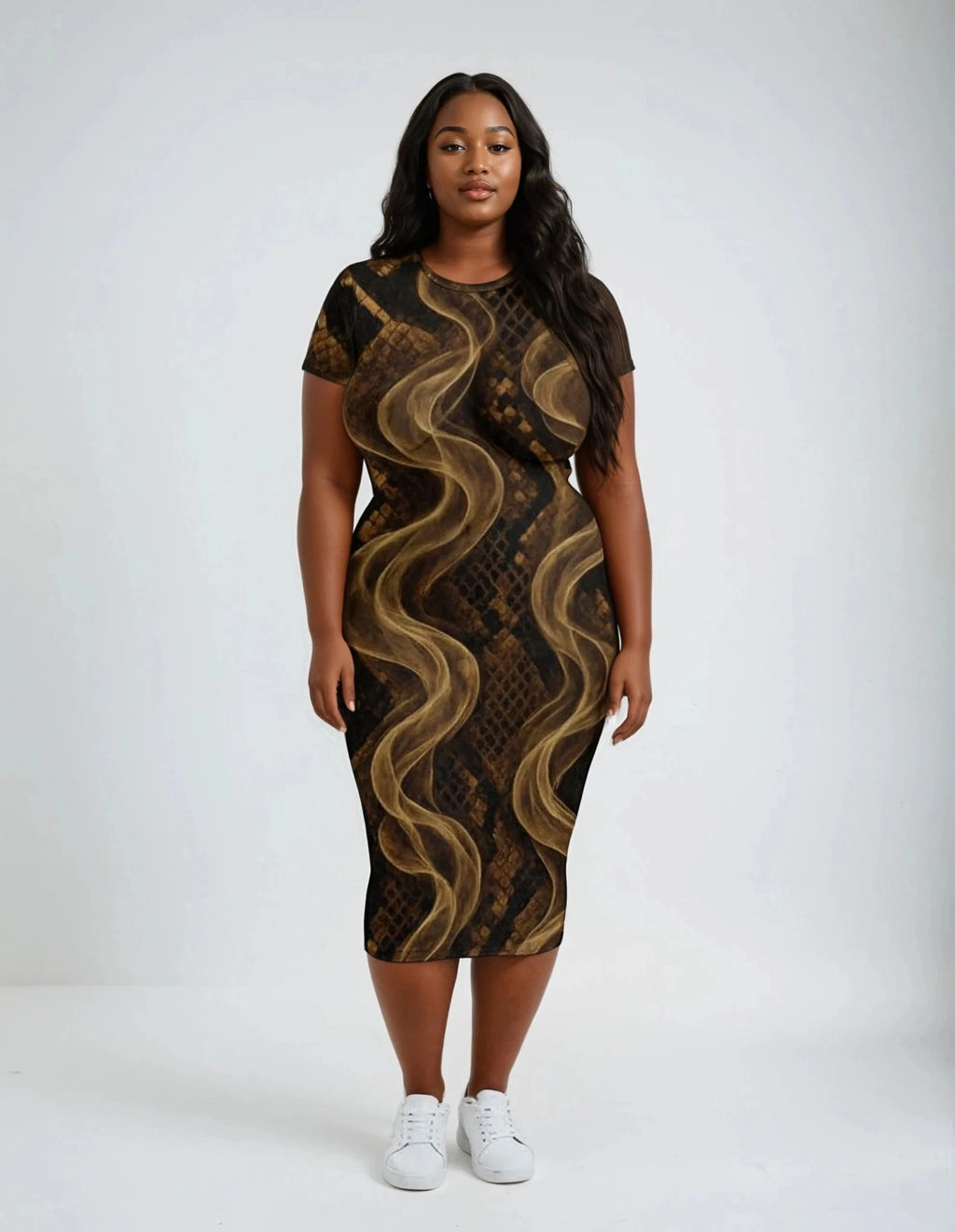 Jane Dope snake skin print short-sleeve bodycon maxi dress, lifestyle front view