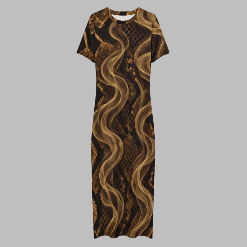Snake skin print bodycon maxi dress, neckline detail close-up