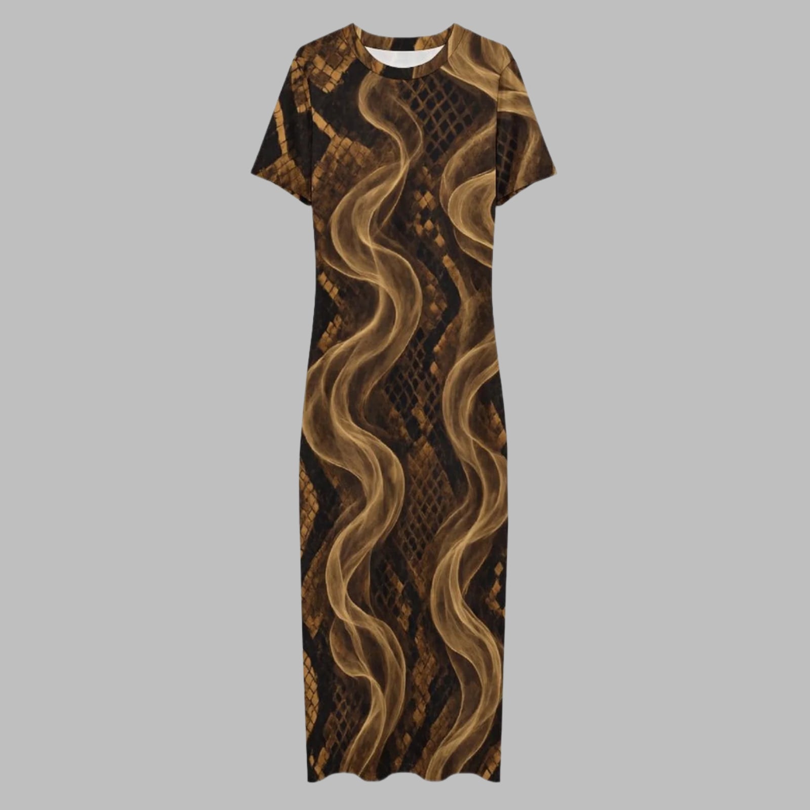 Snake skin print bodycon maxi dress, neckline detail close-up