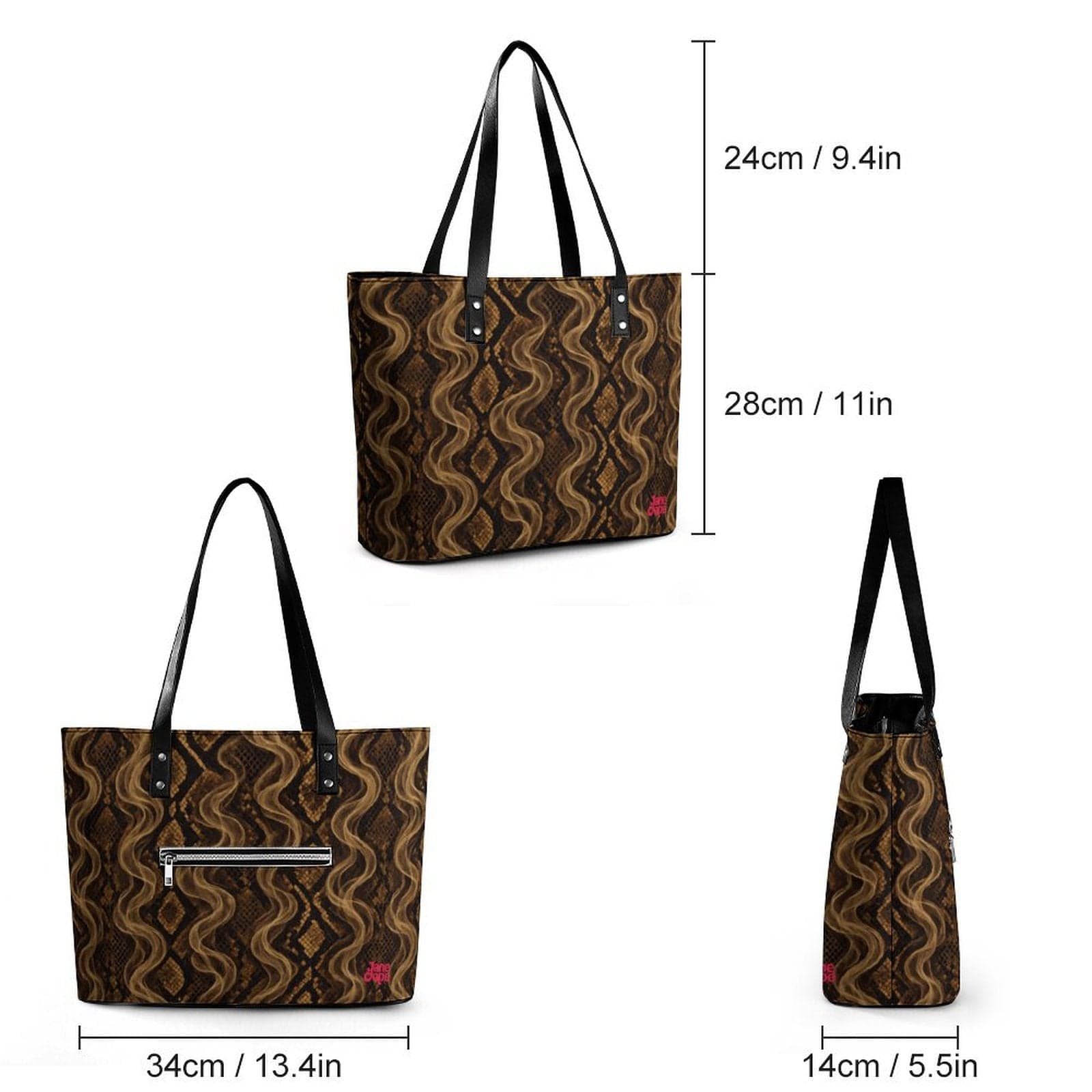 Snake skin print leather tote, side view with handle detail