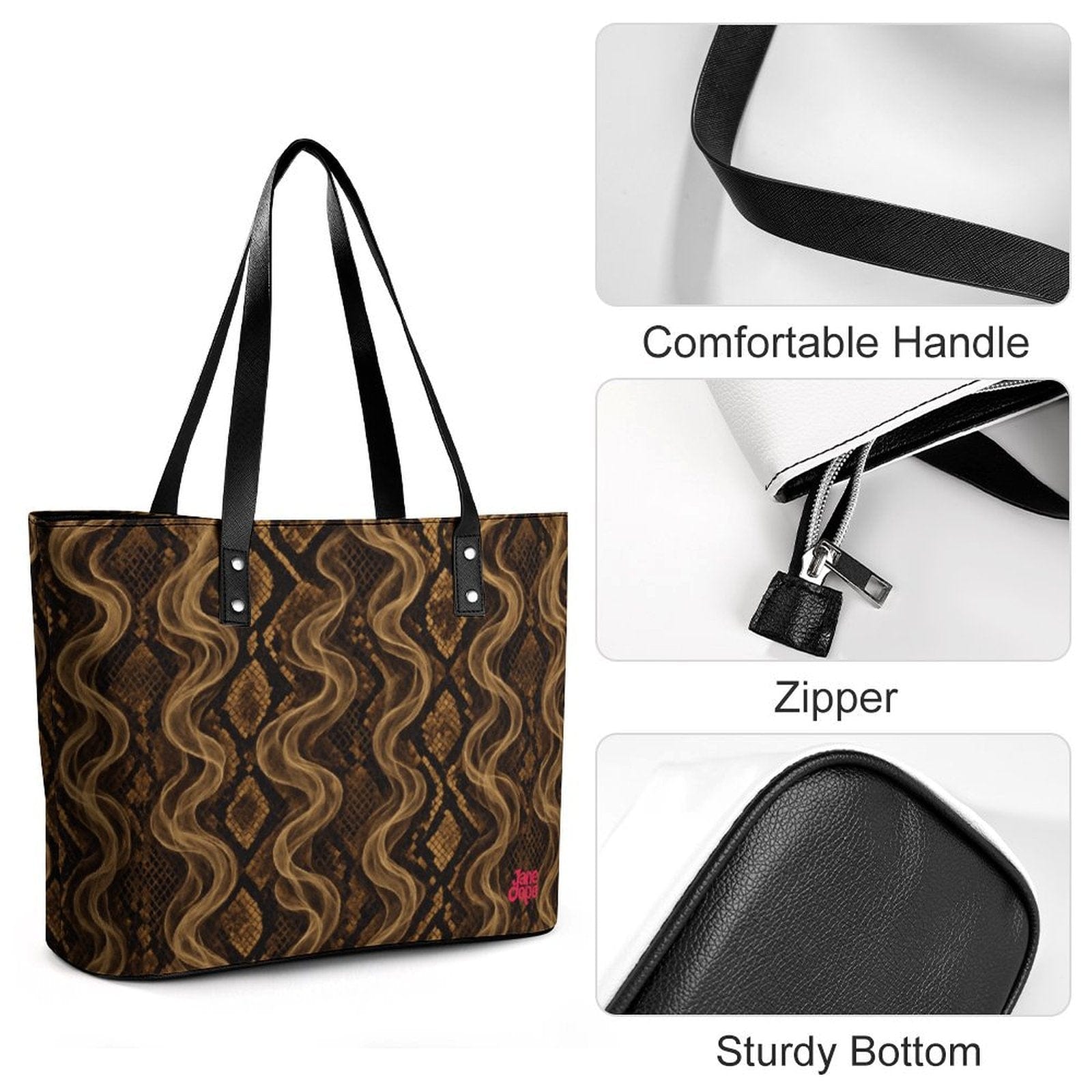 Snake skin print leather tote, open interior view