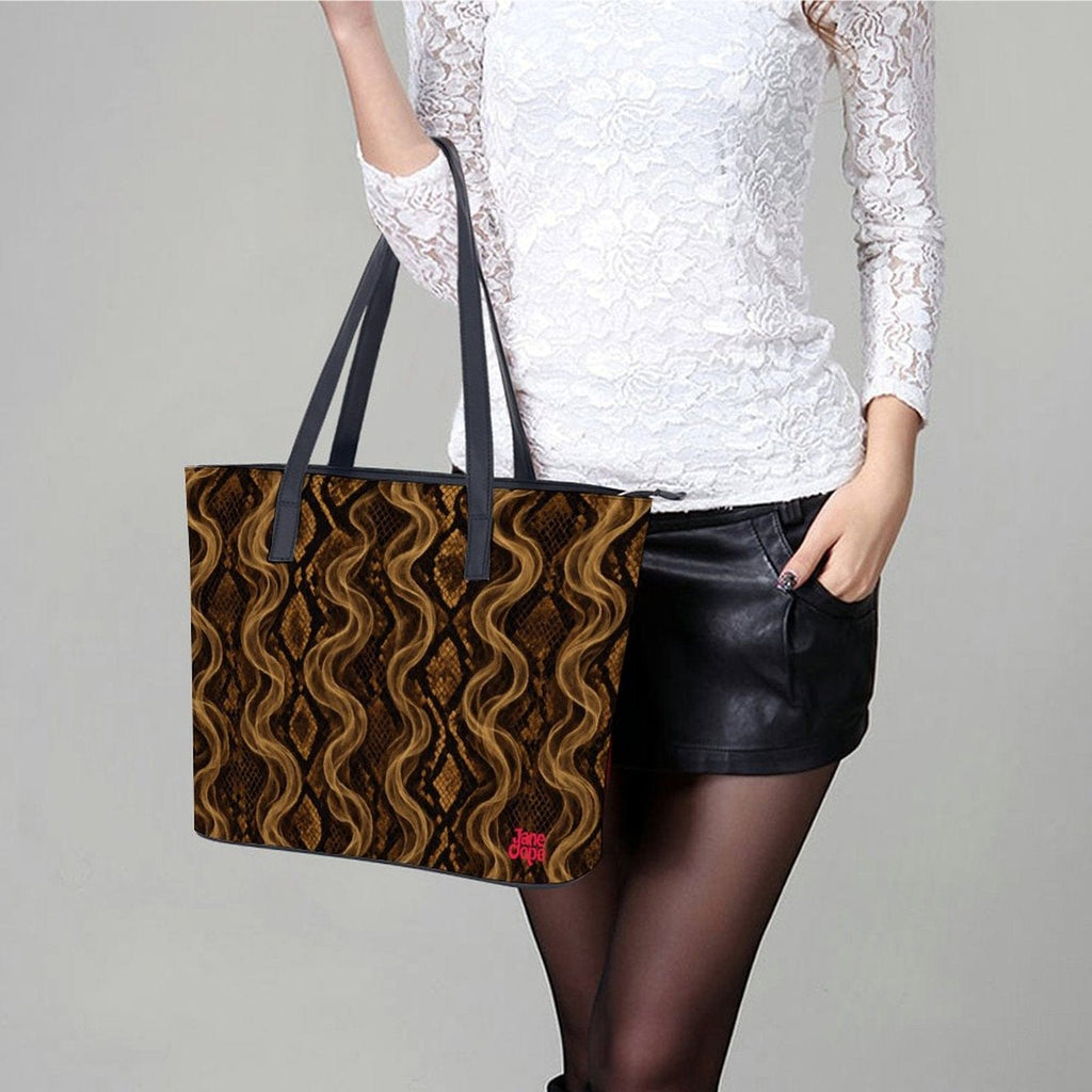 Snake skin print leather tote, base and corner detail