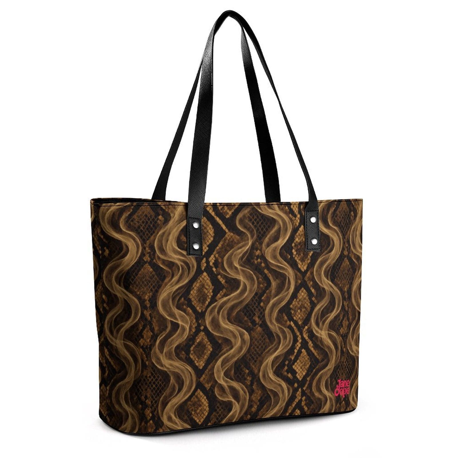 Snake skin print leather tote, back view
