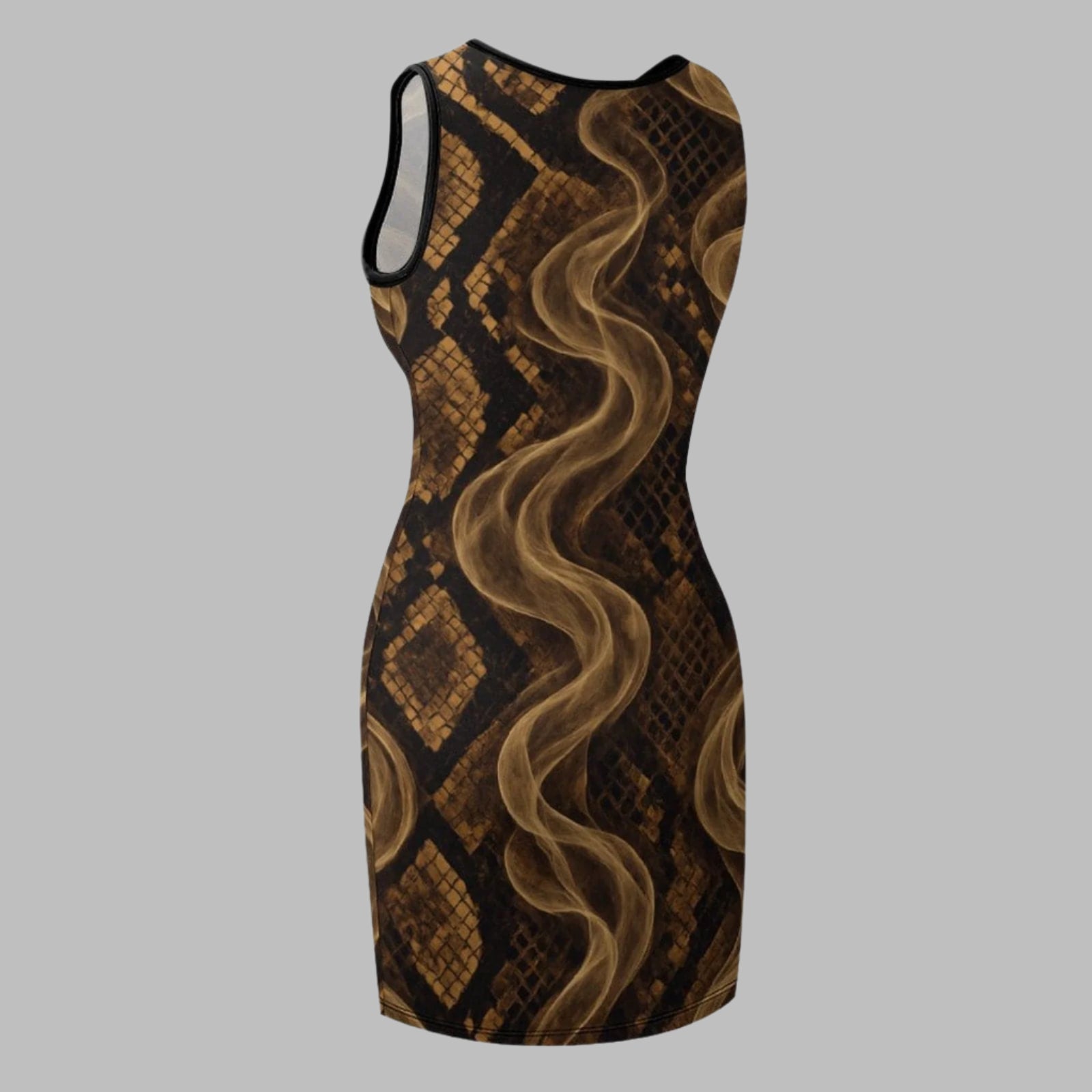 Snake skin print tank dress, neckline and strap detail