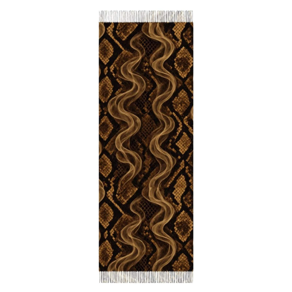 Snake skin print tassel scarf in white, flat lay showing full length