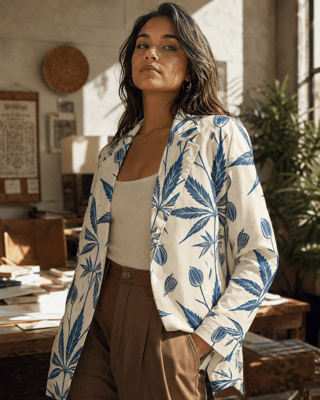 Soft sativa leaf print cotton blazer, full length view on model outdoors