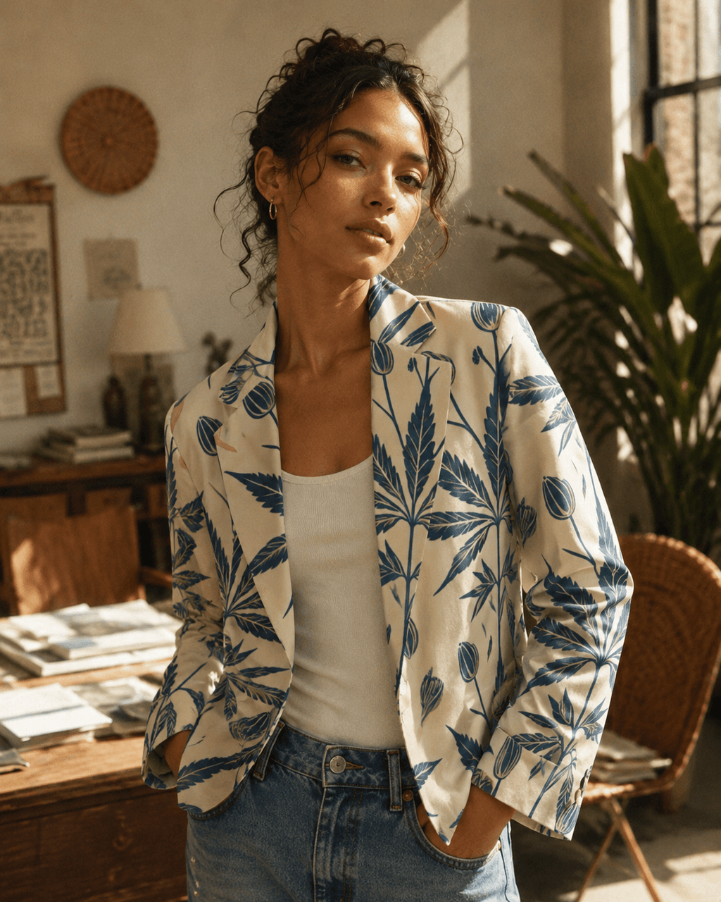 Soft sativa leaf print cotton blazer, three-quarter view on model