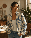Soft sativa leaf print cotton blazer, three-quarter view on model
