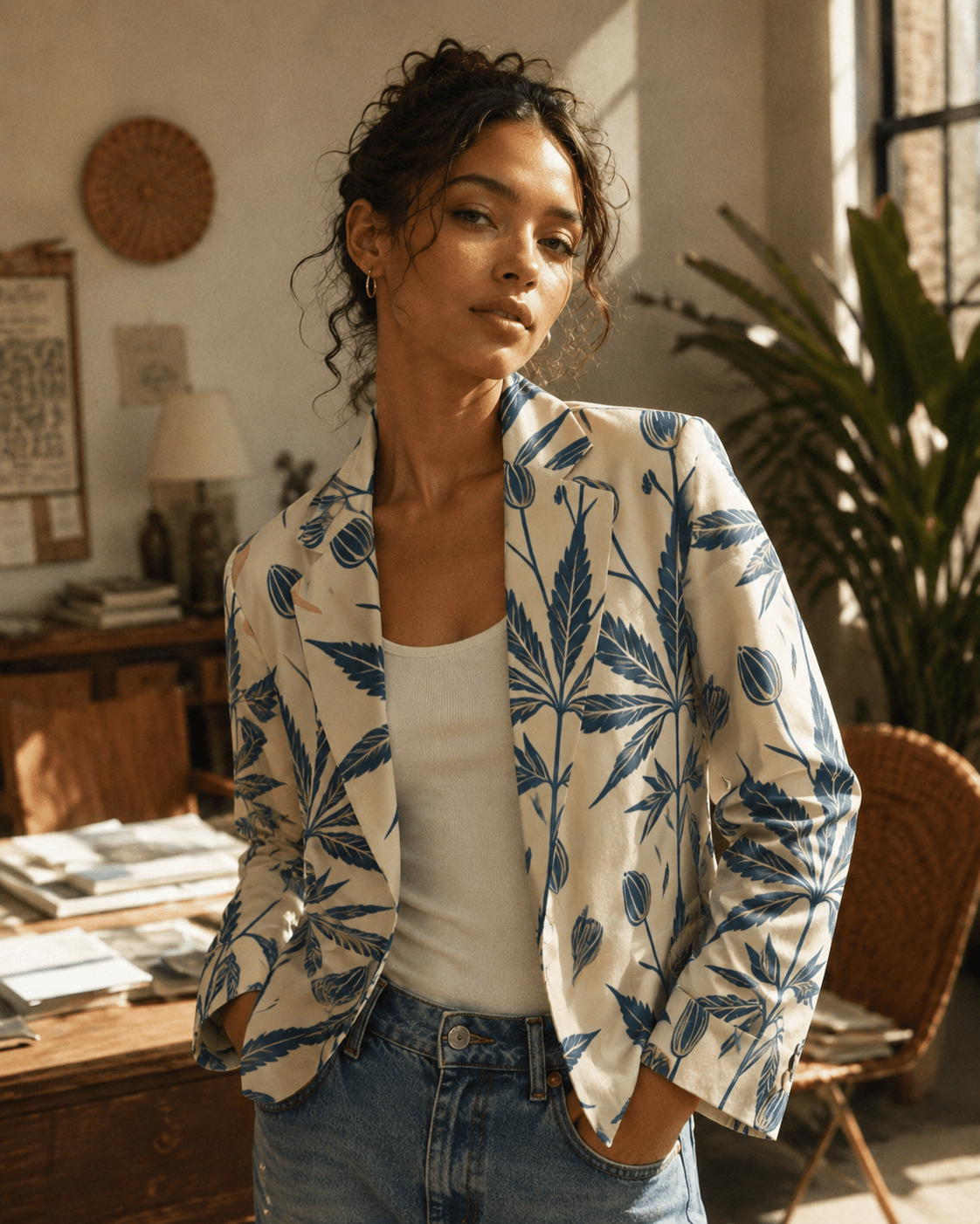 Soft sativa leaf print cotton blazer, three-quarter view on model