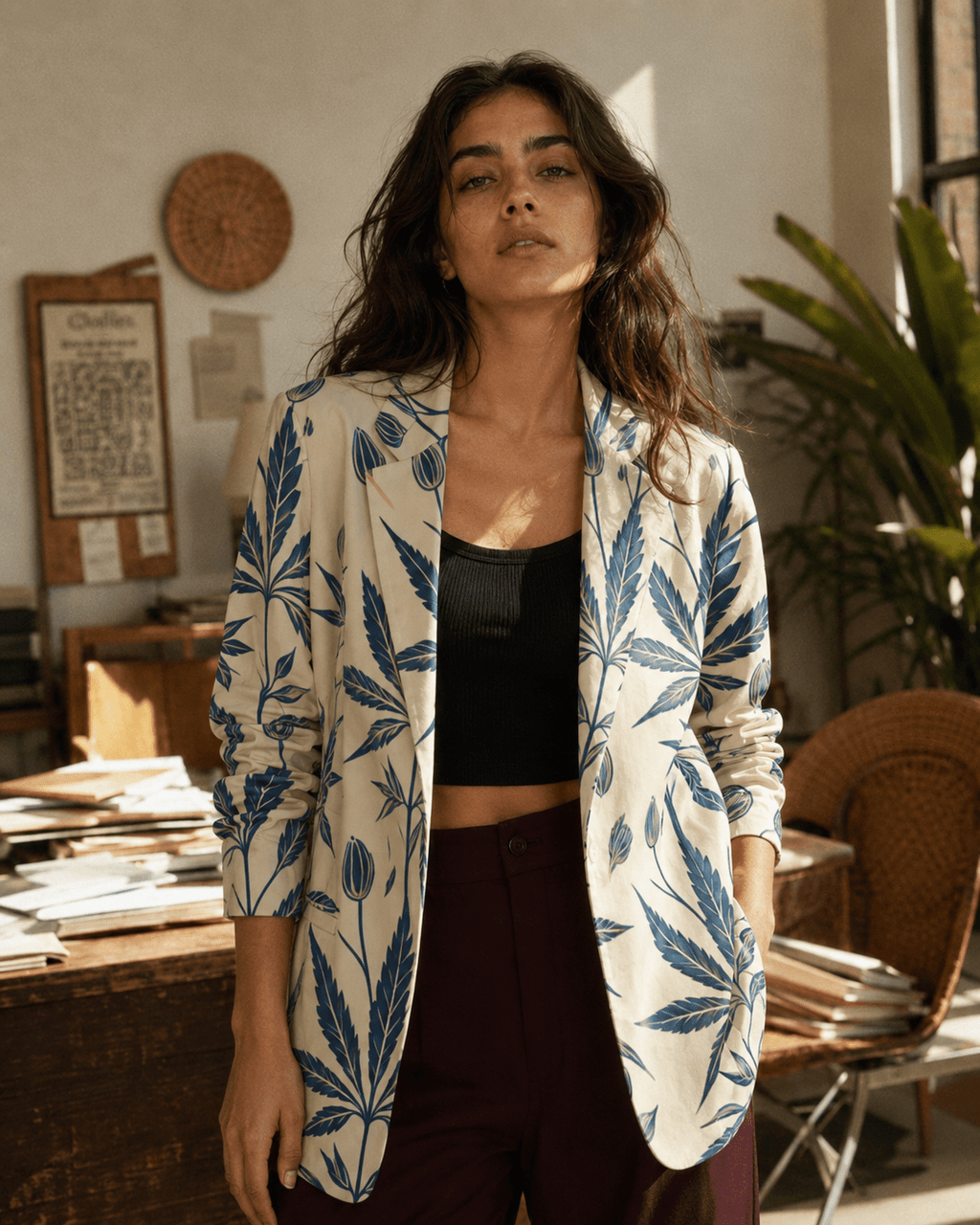 Soft sativa leaf print cotton blazer, lapel and button detail close-up