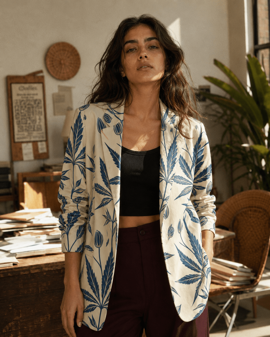 Soft sativa leaf print cotton blazer, lapel and button detail close-up