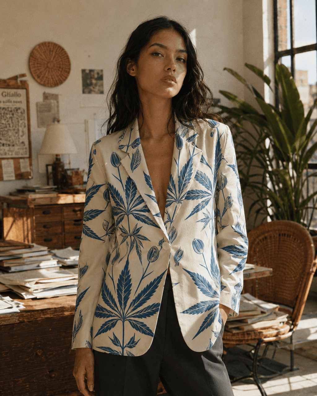 Soft sativa leaf print cotton blazer, side view on model