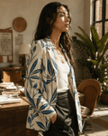 Soft sativa leaf print cotton blazer, lifestyle editorial shot on model