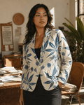 Jane Dope soft sativa leaf print relaxed cotton blazer, back view on model