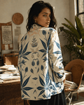 Soft sativa leaf print cotton blazer, flat lay showing full print