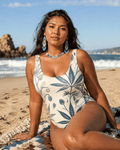 Jane Dope soft sativa leaf print high-cut backless swimsuit, front view on model