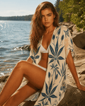 Jane Dope soft sativa leaf print mid-length chiffon cover-up with side slits, front view on model