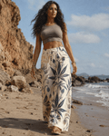 Soft sativa leaf print wide leg lounge pants, lifestyle editorial shot on model