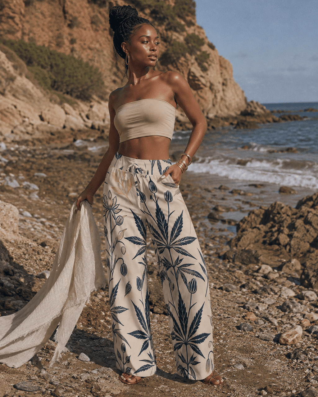 Soft sativa leaf print wide leg lounge pants, back view on model