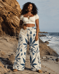 Soft sativa leaf print wide leg lounge pants, close-up showing fabric and print detail