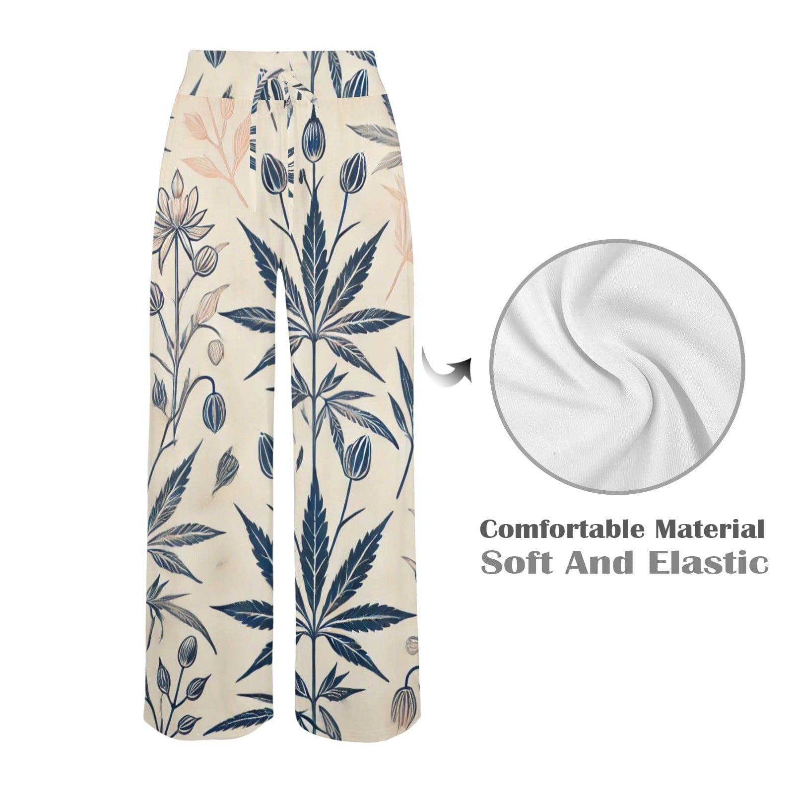 Soft sativa leaf print wide leg lounge pants, flat lay front