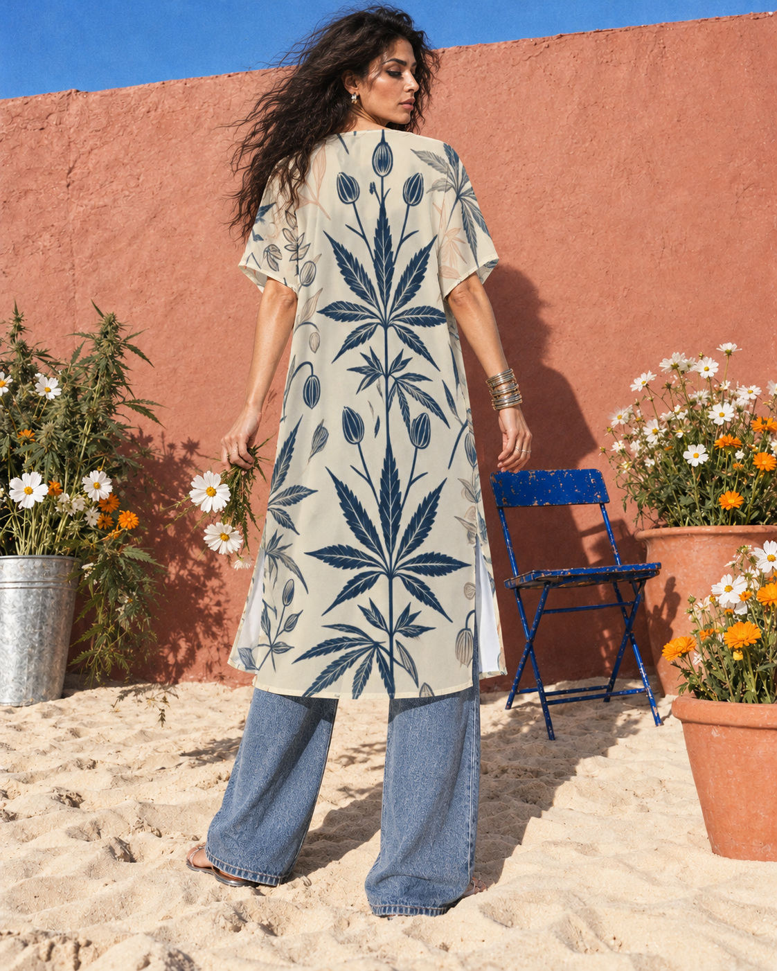 Soft Sativa long mesh cardigan by Jane Dope. Back-print study: cream and navy botanical print styled in a sandy flower-market editorial.