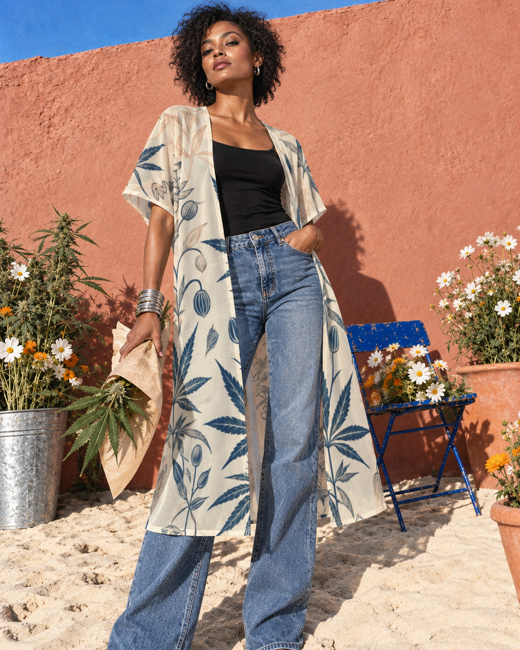 Soft Sativa botanical mesh cardigan by Jane Dope. Flower market portrait, showing the navy print and airy cream layer in the sand-and-flowers shoot.