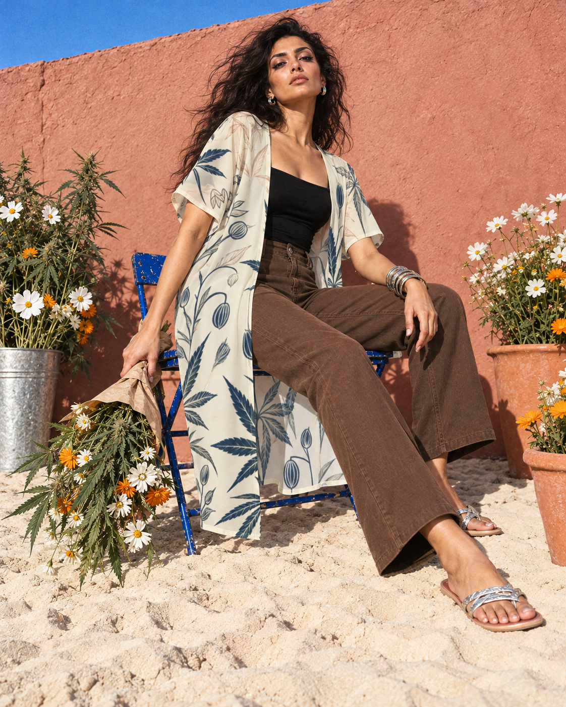 Soft Sativa botanical mesh cardigan by Jane Dope. Off-duty florist, showing the navy print and airy cream layer in the sand-and-flowers shoot.