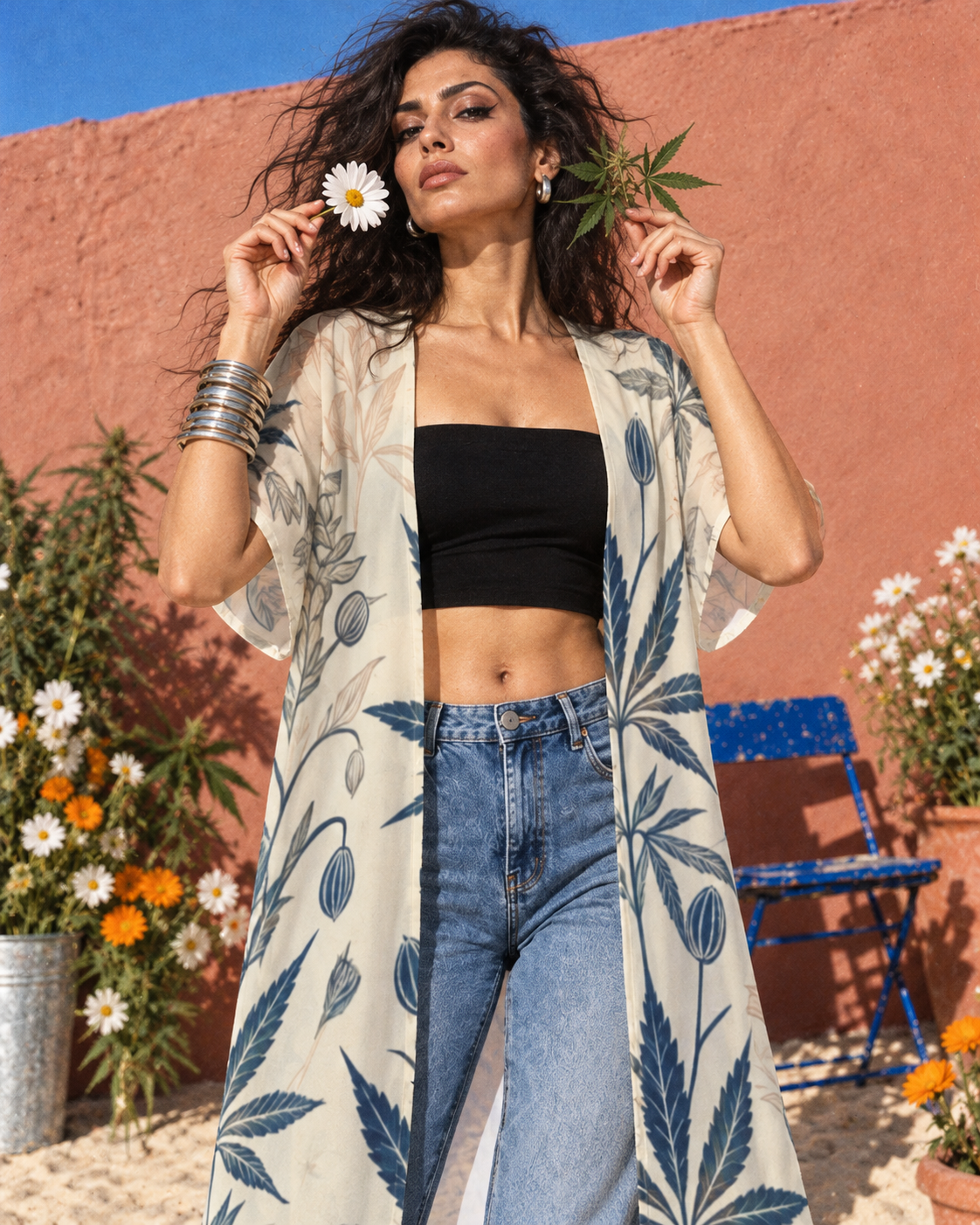 Soft Sativa botanical mesh cardigan by Jane Dope. Petal versus HER.B detail, showing the navy print and airy cream layer in the sand-and-flowers shoot.